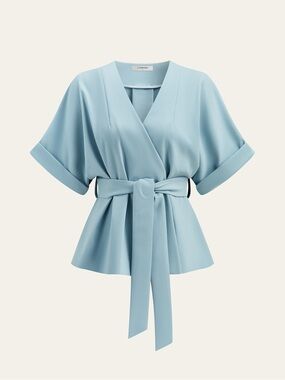 Commense Light Blue Coquette Wrap Kimono Tie Waist Blouse Top XS NWT